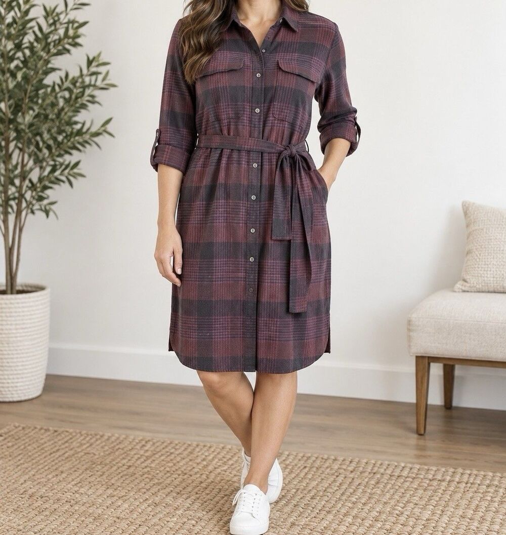 LOFT Women L Plaid Shirt Dress Burgundy Gray Belted Button Front Roll Tab